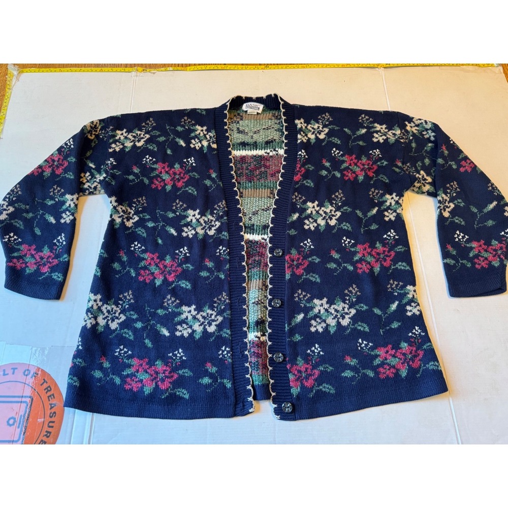 Basic Editions Vintage Navy Blue Floral Knit Cardigan Button Up Sweater small
